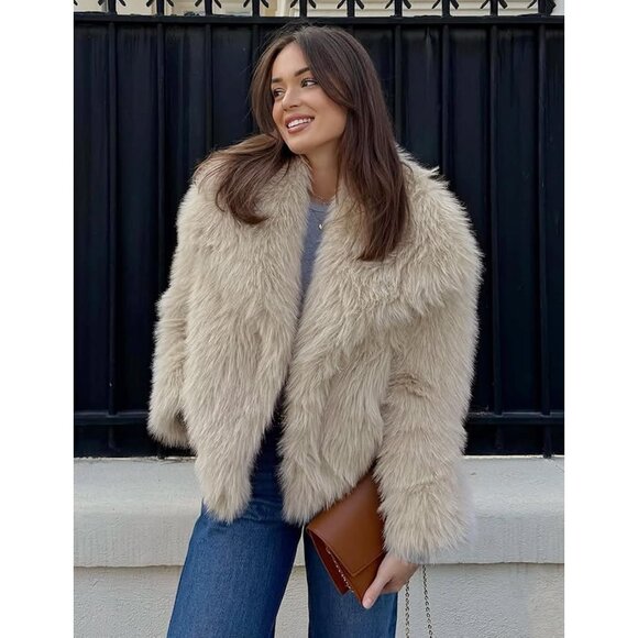 Womens Apricot Faux Fur Coat Fluffy Shaggy Long Sleeve Winter Warm Jacket - Picture 5 of 7